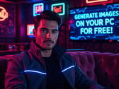 Imagen generada por IA de un hombre con una chaqueta ciberpunk iluminada con neón sentado en un sofá de un elegante club. Detrás de él se lee "GENERE IMÁGENES EN SU PC GRATIS" (Fuente de la imagen: AI Generated)