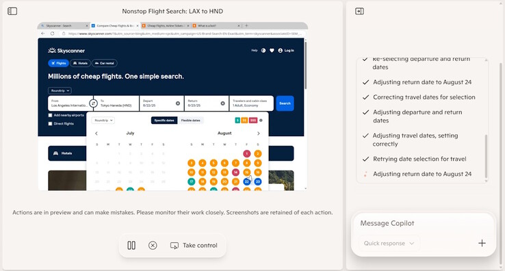 La IA que impulsa el Modo Copiloto para Edge aún necesita trabajo porque no fue capaz de seleccionar un intervalo de fechas mientras buscaba vuelos disponibles durante unas breves pruebas. (Fuente de la imagen: Notebookcheck)