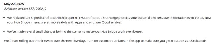 Las notas de la versión del software Philips Hue Bridge 1971060010. (Fuente de la imagen: Philips)