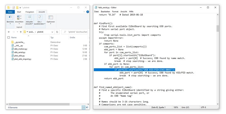 línea modificada en el script de Python