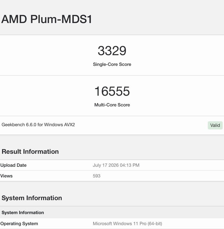 La imagen muestra la ficha de Geekbench 6 de la muestra de ingeniería del Zen 6 que se ha filtrado.