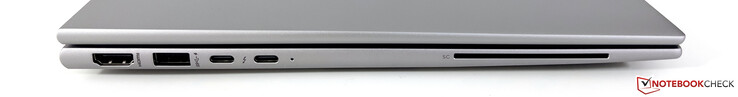 Izquierda: HDMI 2.0, USB-A 3.2 Gen.1 (5 GBit/s, Powered), 2x USB-C 4.0 con Thunderbolt 4 (40 GBit/s, DisplayPort-ALT modo 1.4, Power Delivery 3.0), lector de SmartCard