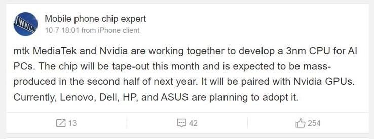 El usuario de Weibo afirma que Nvidia y MediaTek pronto se colarán en la fiesta de los procesadores de sobremesa. (Fuente de la imagen: Mobile Chip Expert vía Weibo)