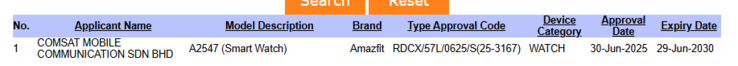 Una captura de pantalla de la base de datos SIRIM que muestra un smartwatch Amazfit con el número de modelo A2547. (Fuente de la imagen: SIRIM)