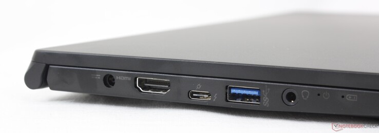 Izquierda: adaptador de CA, HDMI 2.0, USB-C con Thunderbolt 4 + DisplayPort + Power Delivery, USB Tipo-A USB 3.2 Gen. 1, audio combinado de 3,5 mm