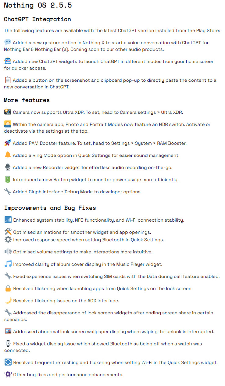 Lista de cambios completa de Nothing OS 2.5.5 para Phone 2 (Fuente de la imagen: Nothing)