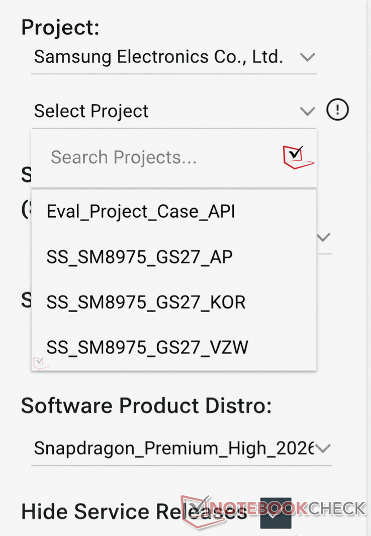 La lista de proyectos de Samsung que muestra las regiones en las que se está probando actualmente el SM8975
