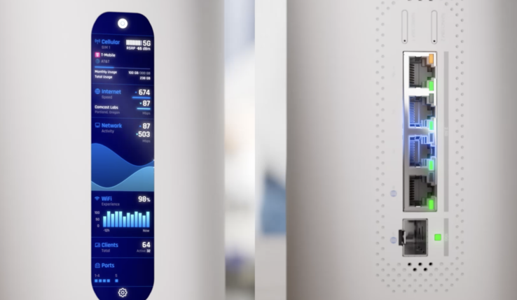 El router cuenta con una pantalla y numerosos puertos (Fuente de la imagen: Ubiquiti Networks)