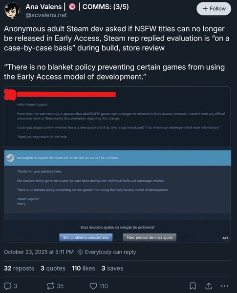 Respuesta de Steam a la solicitud de acceso anticipado de un juego para adultos (captura de pantalla, cuenta de Ana Valens Bluesky)