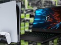 Una consola (PS5) o un portátil (MSI GP66 Leopard) pueden ser opciones más inteligentes que las tarjetas gráficas de sobremesa Ampere para los jugadores. (Fuente de la imagen: Sony/MSI/Greg Salazar - editado)