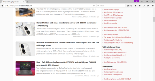 Navegando por Notebookcheck.net a través de Firefox 48 en Windows 10 (Fuente de la imagen: Captura de pantalla)