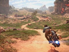 Una imagen que muestra a Kay Vess en su speeder en Star Wars Outlaws.