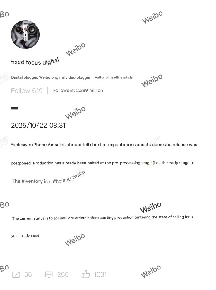 La demanda del IPhone Air no ha cumplido las expectativas fuera de China. (Fuente de la imagen: Weibo)