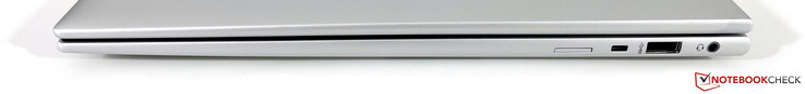 Derecha: Ranura Nano-SIM (opcional para modelos WWAN), ranura de seguridad Kensington Nano, USB-A 3.2 Gen.1 (5 GBit/s, con alimentación), 3,5 mm estéreo