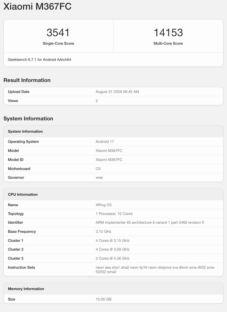 Ficha de Geekbench del supuesto Xiaomi Pad 9 Pro Max.