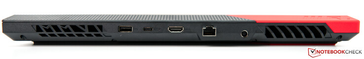 Parte trasera: Rejillas de ventilación, 1x USB-A 3.0, USB-C 3.1 con DisplayPort y Power Delivery, HDMI 2.0b, Gigabit LAN, fuente de alimentación, rejillas de ventilación