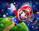 mario en 3D volando en el telón de fondo temático de Super Mario Galaxy