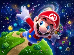 mario en 3D volando en el telón de fondo temático de Super Mario Galaxy