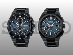 El Seiko Astron SSH187J1 (izquierda) y el SSJ039J1 (derecha), fotografiados sobre un fondo degradado gris-negro y el logotipo de Seiko. (Fuente de la imagen: Seiko - editado)