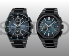 El Seiko Astron SSH187J1 (izquierda) y el SSJ039J1 (derecha), fotografiados sobre un fondo degradado gris-negro y el logotipo de Seiko. (Fuente de la imagen: Seiko - editado)