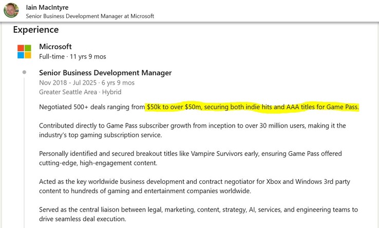 Los juegos de terceros de Xbox Game Pass cuestan mucho de poner en el servicio. (Fuente de la imagen: LinkedIn)