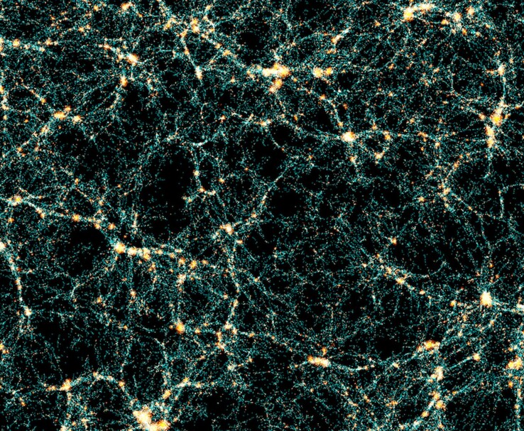 Una simulación por ordenador de la red cósmica, que muestra una estructura a gran escala del universo con brillantes cúmulos de galaxias conectados por finos filamentos de materia oscura y gas sobre un fondo oscuro. (Fuente de la imagen: Comunicado de prensa del Consorcio Euclid)
