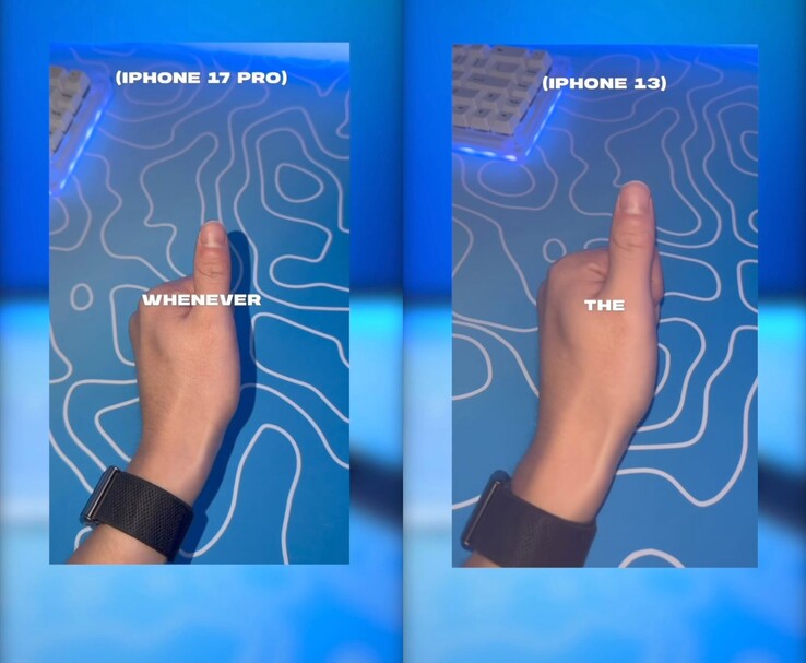 comparación iPhone 17 Pro vs iPhone 13 flash mostrando la sombra en el pulgar en la toma del 17 Pro. (Fuente de la imagen: marcustechnology vía Instagram)