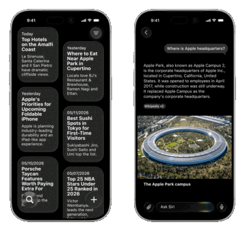 Al parecer, Apple planea estrenar una nueva aplicación Siri que incluya una lista de conversaciones (izquierda) y un chatbot similar a ChatGPT.