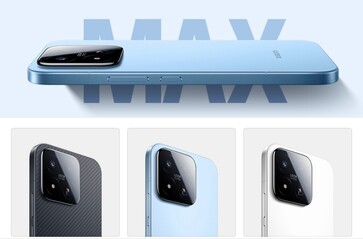 Los renders filtrados muestran el Xiaomi 17 Max en acabados de fibra de carbono, azul claro y blanco.