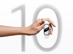 La Smart Band 10 cuesta 49,99 euros en la UE. En la imagen: una imagen de marketing; una mano sujetando el wearable con el &quot;10&quot; de fondo. (Fuente de la imagen: Xiaomi)