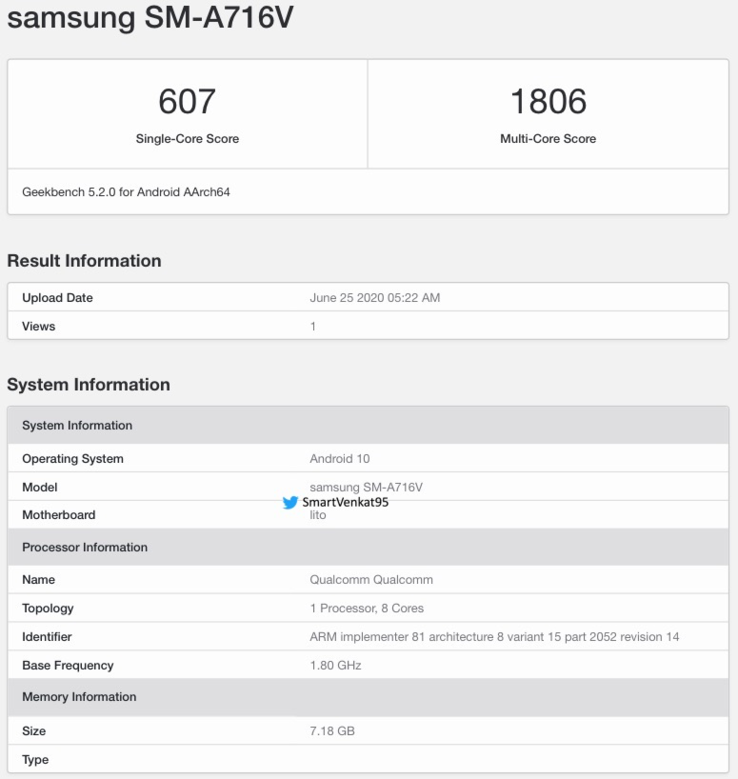 El "samsung SM-A716V" en Geekbench. (Fuente: Geekbench vía Twitter)