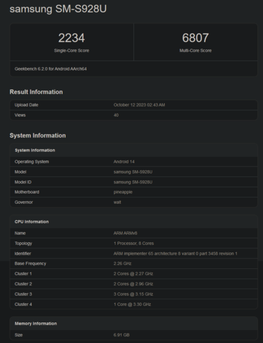 Galaxy Listado de Geekbench del S24 Ultra (imagen vía Geekbench)