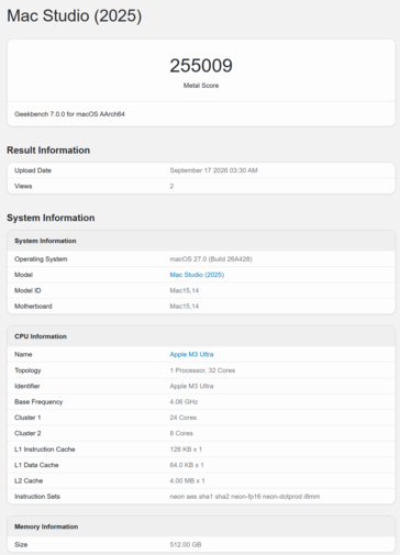 Puntuación de la GPU del Apple M3 Ultra en Geekbench