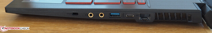 Lado derecho: Cerradura Kensington, auriculares, micrófono, USB-A 3.0, USB-C 3.0, RJ45 LAN