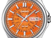 Un primer plano del MTP-E740-4AV naranja, con su esfera transparente que deja ver las ruedas del día y de la indicación situadas debajo.  