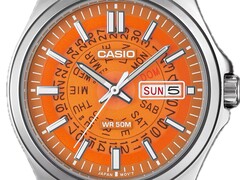 Un primer plano del MTP-E740-4AV naranja, con su esfera transparente que deja ver las ruedas del día y de la indicación situadas debajo.