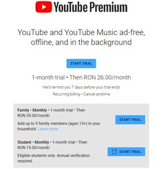 La familia de Google YouTube Premium sigue estancada en unos 8 dólares en Rumanía (Fuente: Propia)
