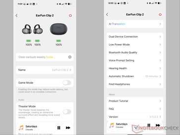 Aplicación EarFun Audio mostrando la página de inicio y los ajustes de Clip 2.