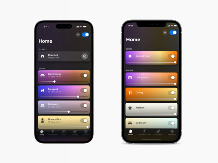 Las versiones antigua (izquierda) y nueva (derecha) de la aplicación Philips Hue para iOS. (Fuente de la imagen: Philips Hue)