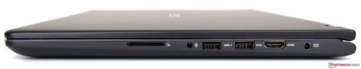 Derecha: lector de tarjetas SD, combo de audio de 3.5 mm, 2x USB 3, HDMI 1.4, entrada de alimentación