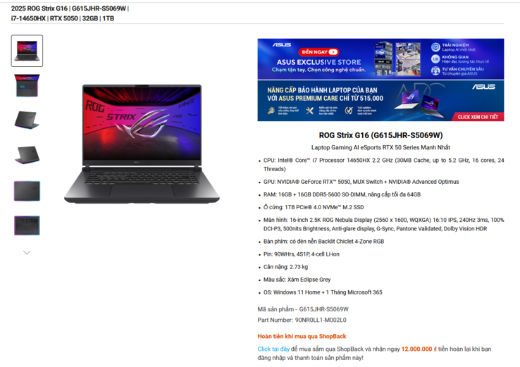 Especificaciones de la variante Asus ROG Strix G16 RTX 5050 (fuente de la imagen: Asus)