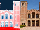 Una imagen infrarroja térmica del Royce Hall de la UCLA. La transición de color blanco a rojo pálido muestra el calor que absorbe el suelo (rojo). El exceso de calor irradia hacia el cielo frío, representado con azul. (Fuente de la imagen: Raman Lab/UCLA)