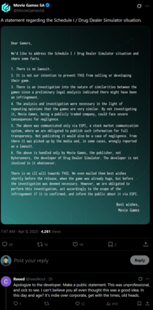 Mensaje de Movie Games X sobre la investigación del Programa 1 (Fuente de la imagen: captura de pantalla, cuenta de Movie Games X)