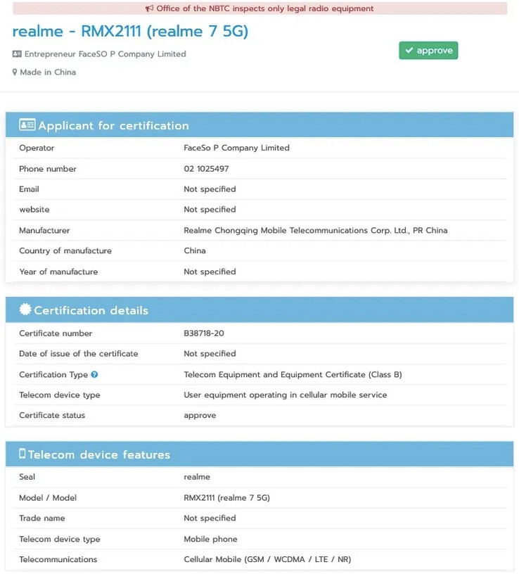 El Realme 7 5G supuestamente aparece en el sitio web de la NBTC. (Fuente: NBTC a través de MySmartPrice)