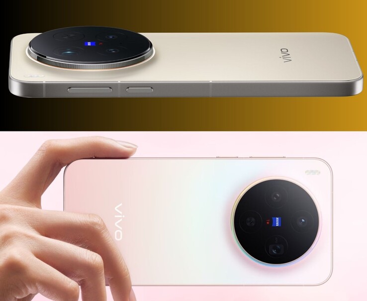 Vivo X300 Pro (arriba) y X300 (abajo) mostrando acabados en dorado y rosa con módulos de cámara Zeiss circulares (Fuente de la imagen: Vivo)