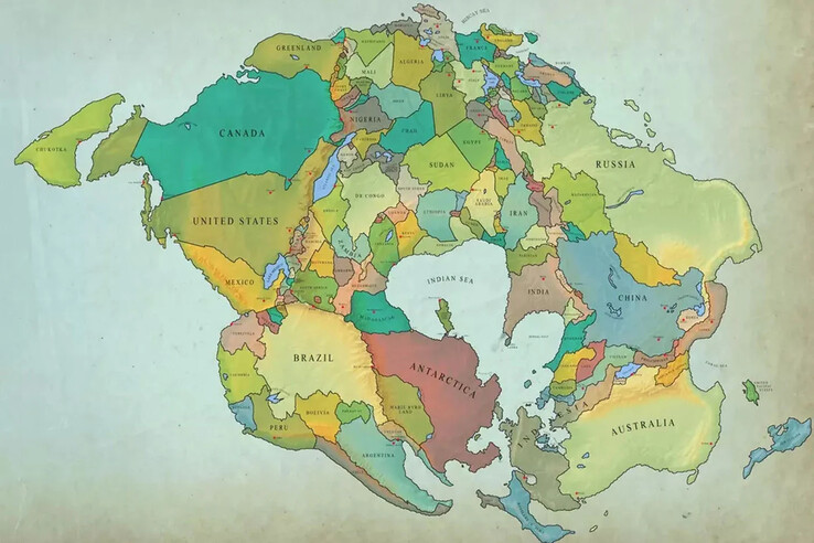 La estimación más probable para el nuevo continente de la Tierra dentro de 250 millones de años. (Fuente de la imagen: Reddit)