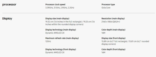Galaxy Especificaciones de la pantalla del Z Fold 6 (imagen vía Samsung)
