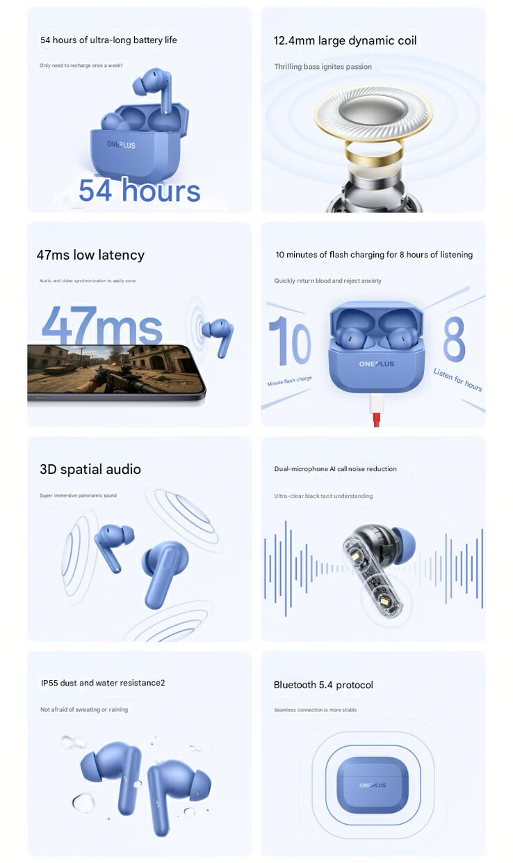 Principales características de los auriculares inalámbricos (Fuente de la imagen: OnePlus - machine translated)