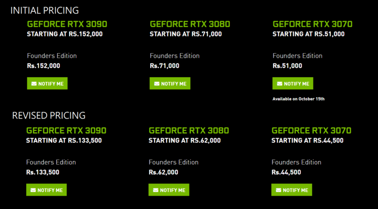 La serie RTX 3000 FE' original y revizada de precios en la India. (Fuente: NVIDIA India a través de MySmartPrice)