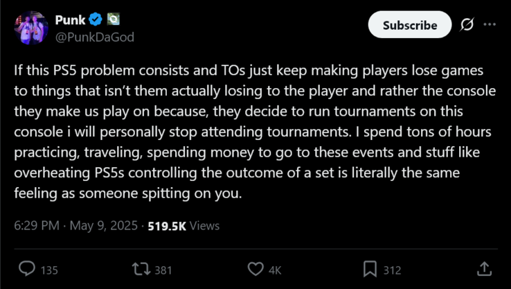 Post de PunkDaGod X sobre el sobrecalentamiento de la PS5 en Evo Japón (Fuente de la imagen: cuenta de PunkDaGod X)